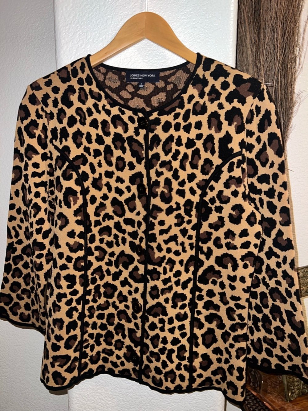 Jones New York Leopard Print Cardigan in Tan, Black & Brown